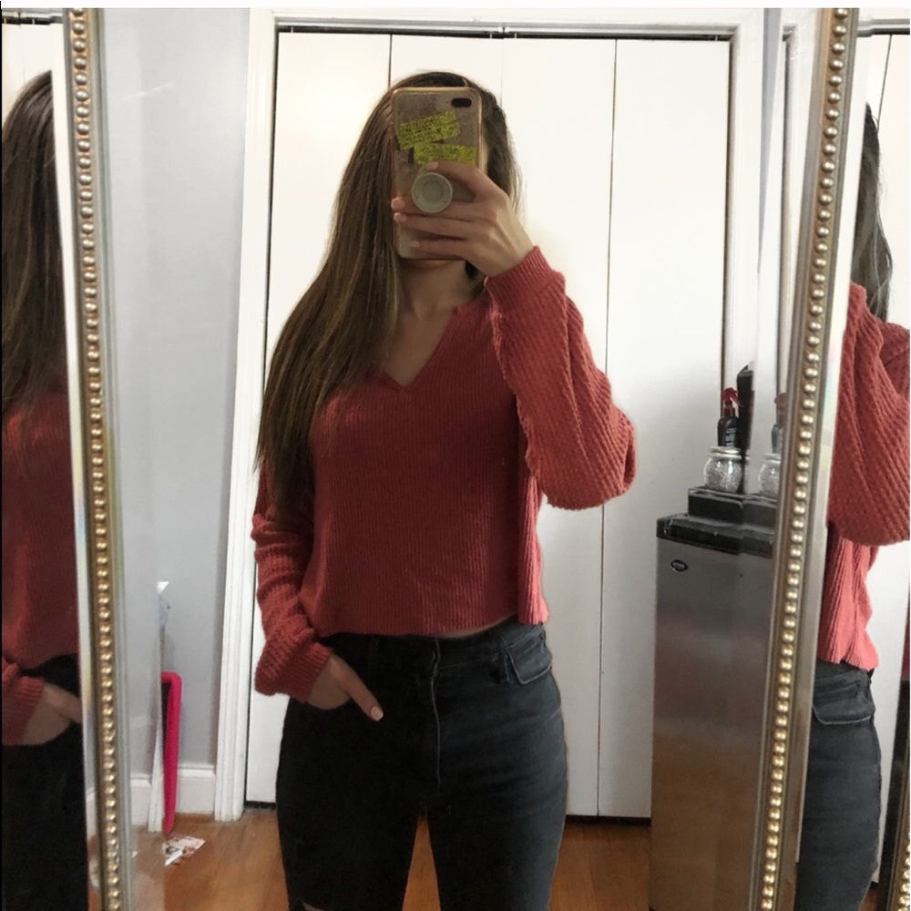 Coral American Eagle Crop V-Neck Ribbed Sweatshirt